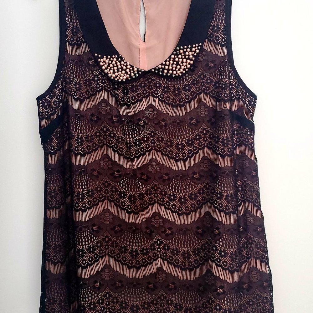 Romantic Blouse Blush Pink Black Lace Overlay Round Collar Embellished w/ Pearls